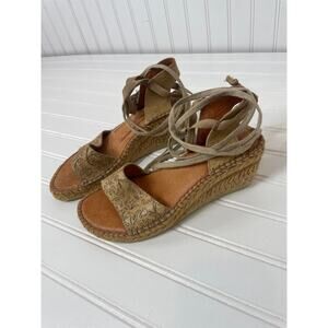 ERIC MICHAEL Womens Beige Wedge Leather Sandals Espadrille Lace up Size 37 6.5 7